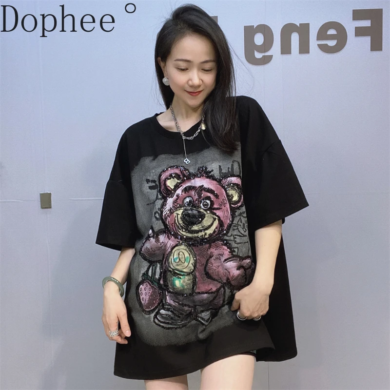 2025 New Spring Fashion Loose Women Short Sleeve T-shirt Thicken O-neck Pullover Top Gradient Cartoon Sequin Oversize Cotton Tee