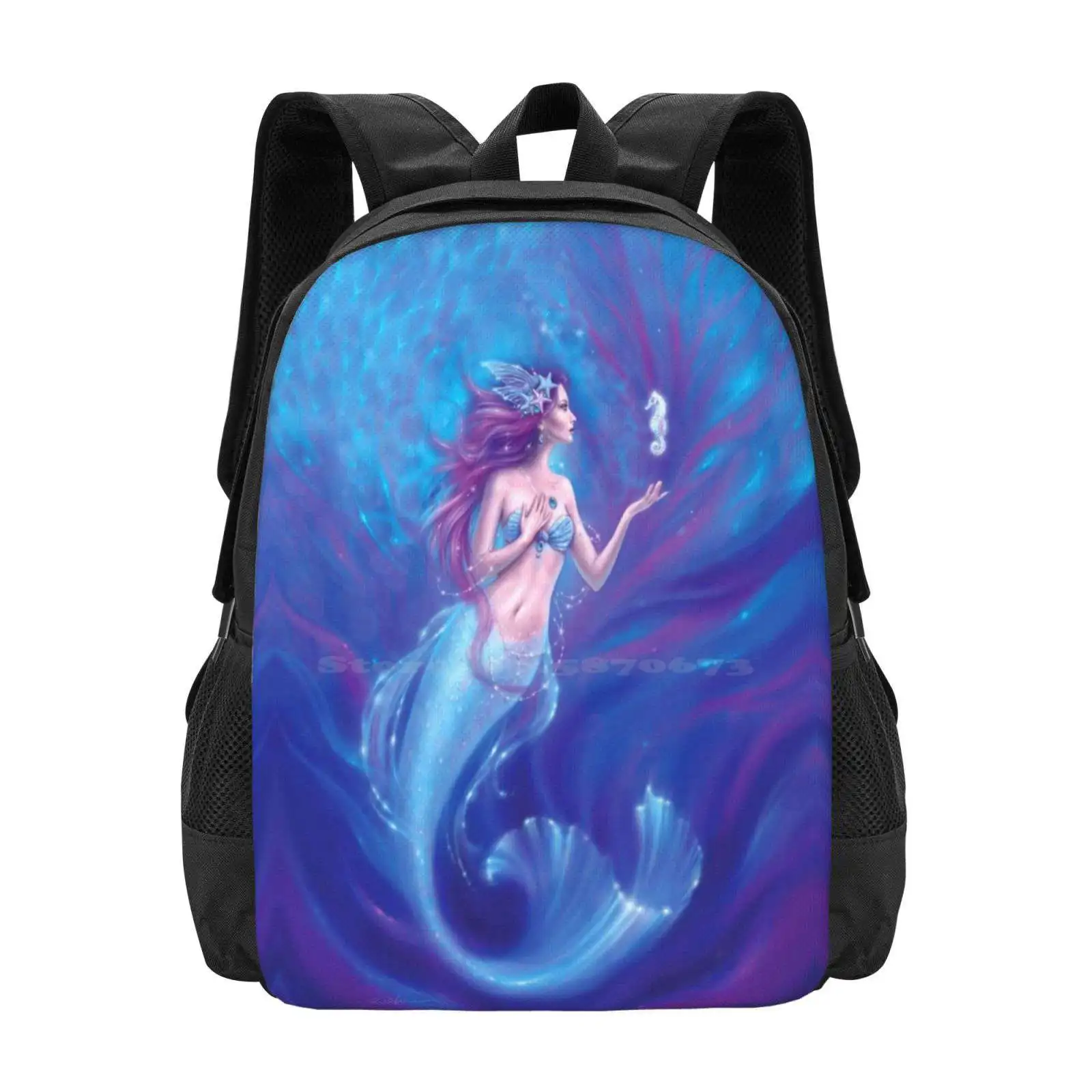 Coral Large Capacity School Backpack Laptop Bags Mermaid Seahorse Shells Starfish Blue Purple Pink Ocean Siren Realism Fantasy