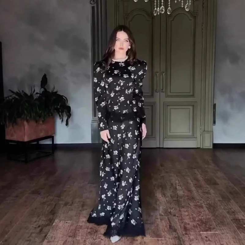 

2025Autumn Retro Elegant Soft Long Sleeve Long Dress Printed Suit Dress