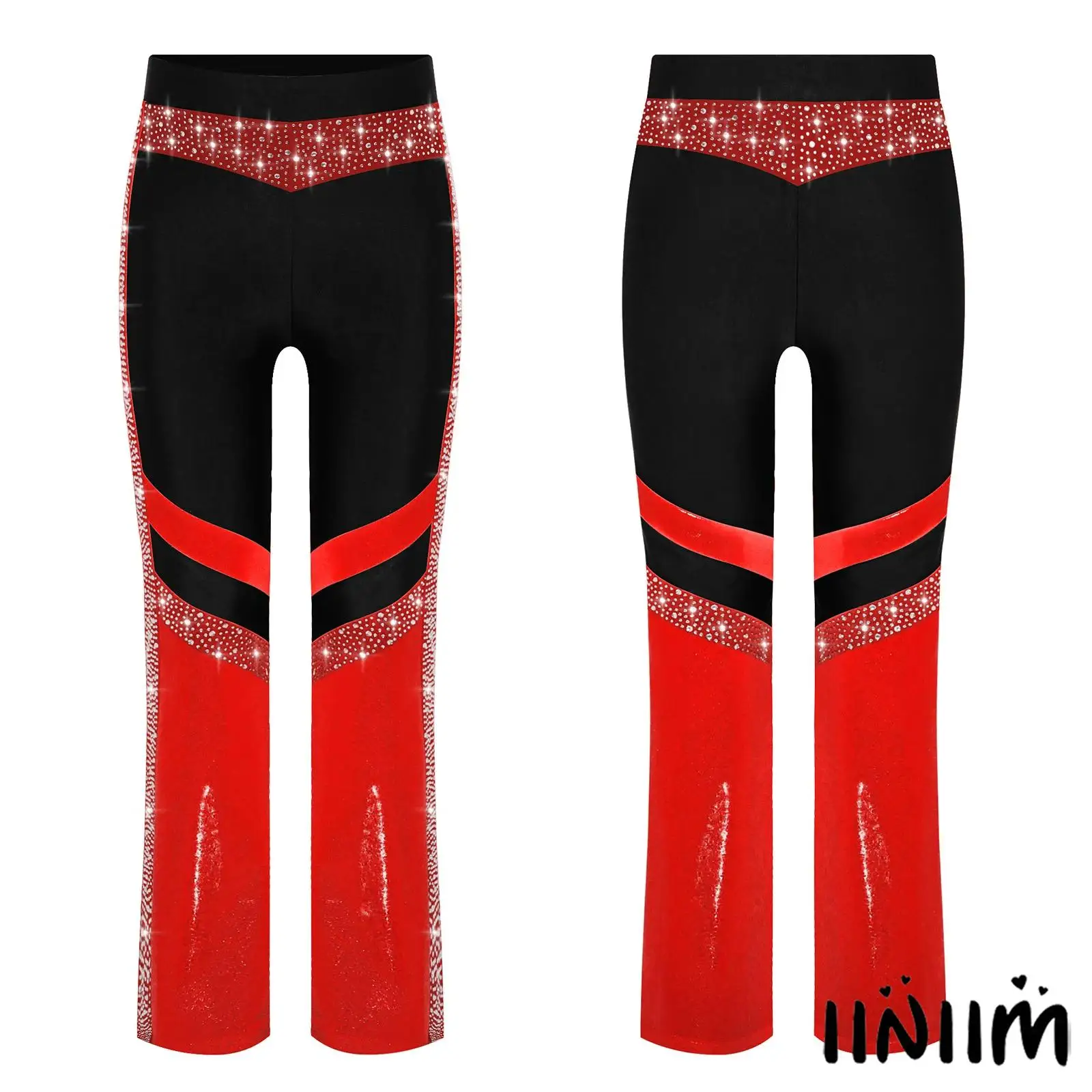 

Kids Girls Figure Skating Shiny Rhinestone Flared Pants Elastic Waistband Color Block Performance Acrobatics Dance Trousers