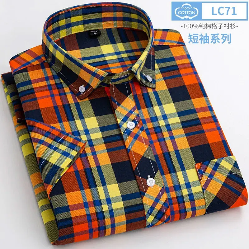 100% cotton 6XL short-sleeved men's shirt Summer thin non-ironing business casual high quality fashion lattice breathable