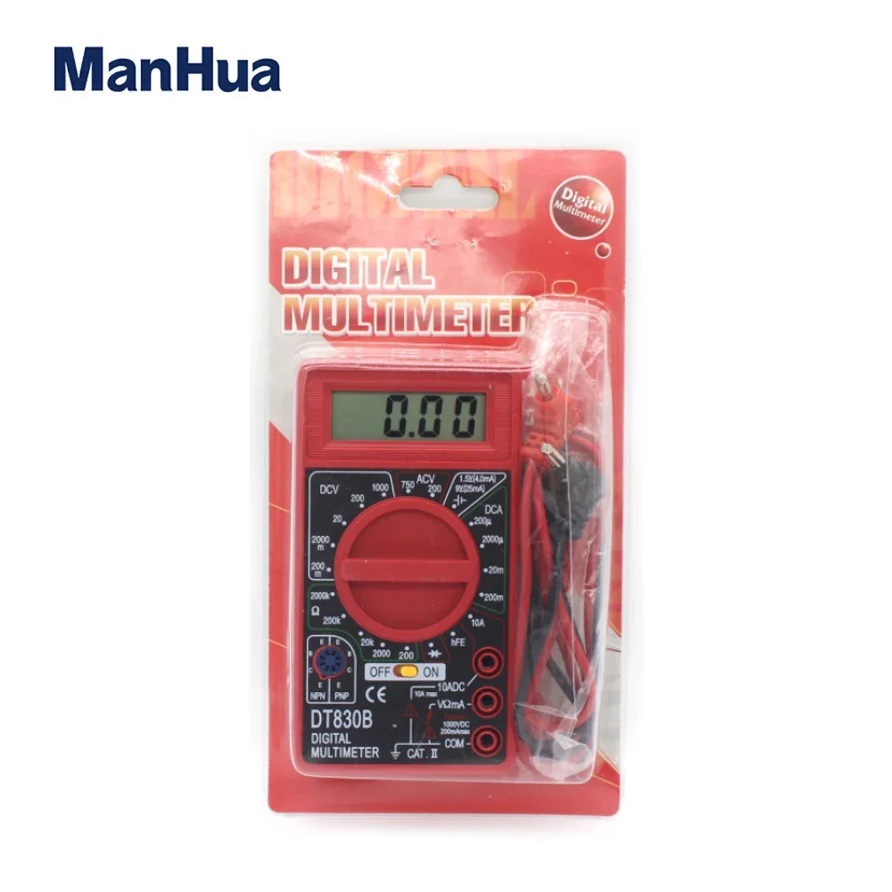 ManHua DT830B Mini Digital Multimeter with LCD Overload Protection Voltage Amperage Test Probe DC AC Red