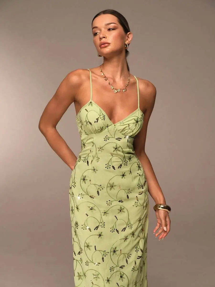 

Green Embroidered Midi Dress For Women Elegant Formal Cocktail Party Outfit