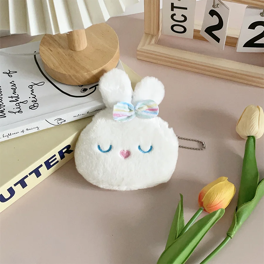 Simpatico fiocco bianco coniglietto portamonete in peluche borsa per auricolari borsa portatile per cavo dati versatile piccolo regalo pendente