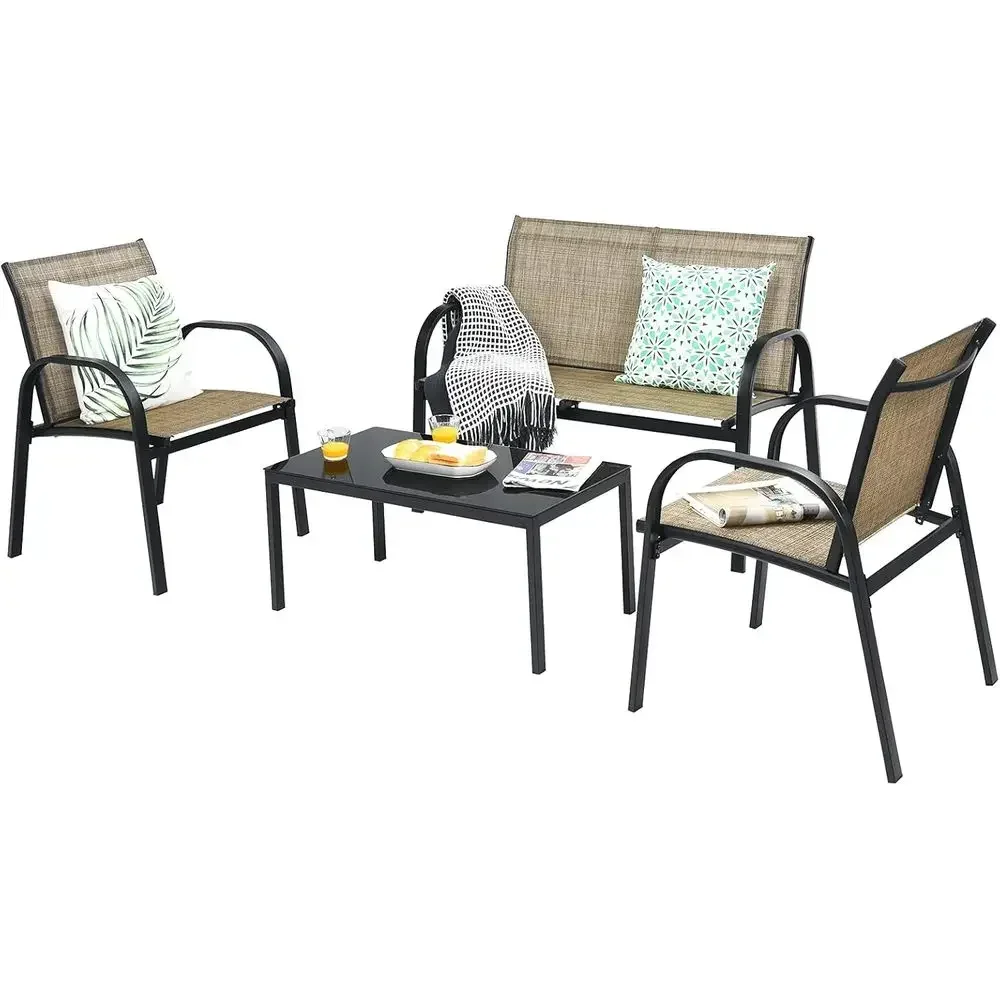 4-Piece Metal Patio Furniture Set, Heavy Duty Outdoor Garden Set with Glass Top Coffee Table, 2 Armchairs, and Loveseat in Brown