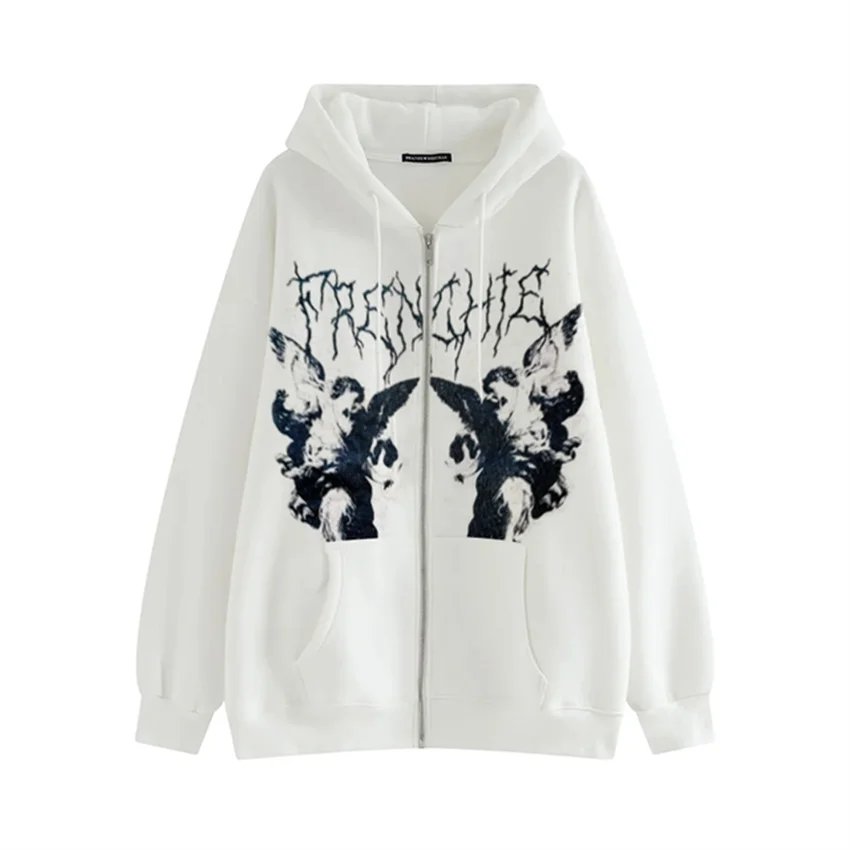 Women Vintage Angel Print Hooded Jacket Men Zip Up Long Sleeve Pocket Autumn Winter Streetwear Coat Y2K Aesthetic Loose Hoodies