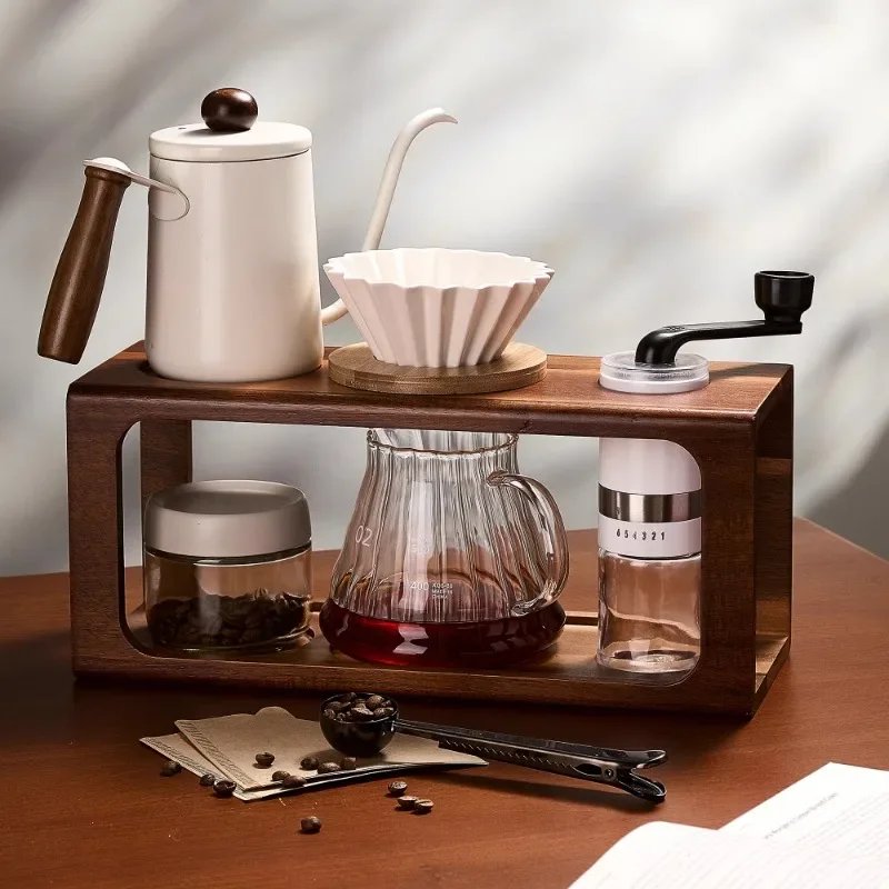 Hand brewing coffee pot set, hand grinding coffee machine, hand crank storage bracket, full set of brewing coffee pot.
