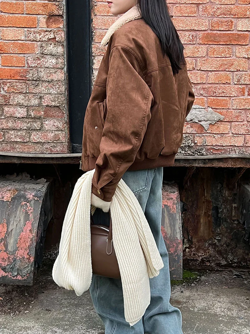 Cappotto corto patchwork con colletto in pelle scamosciata stile LIMO per donna, giacca invernale in cotone caldo