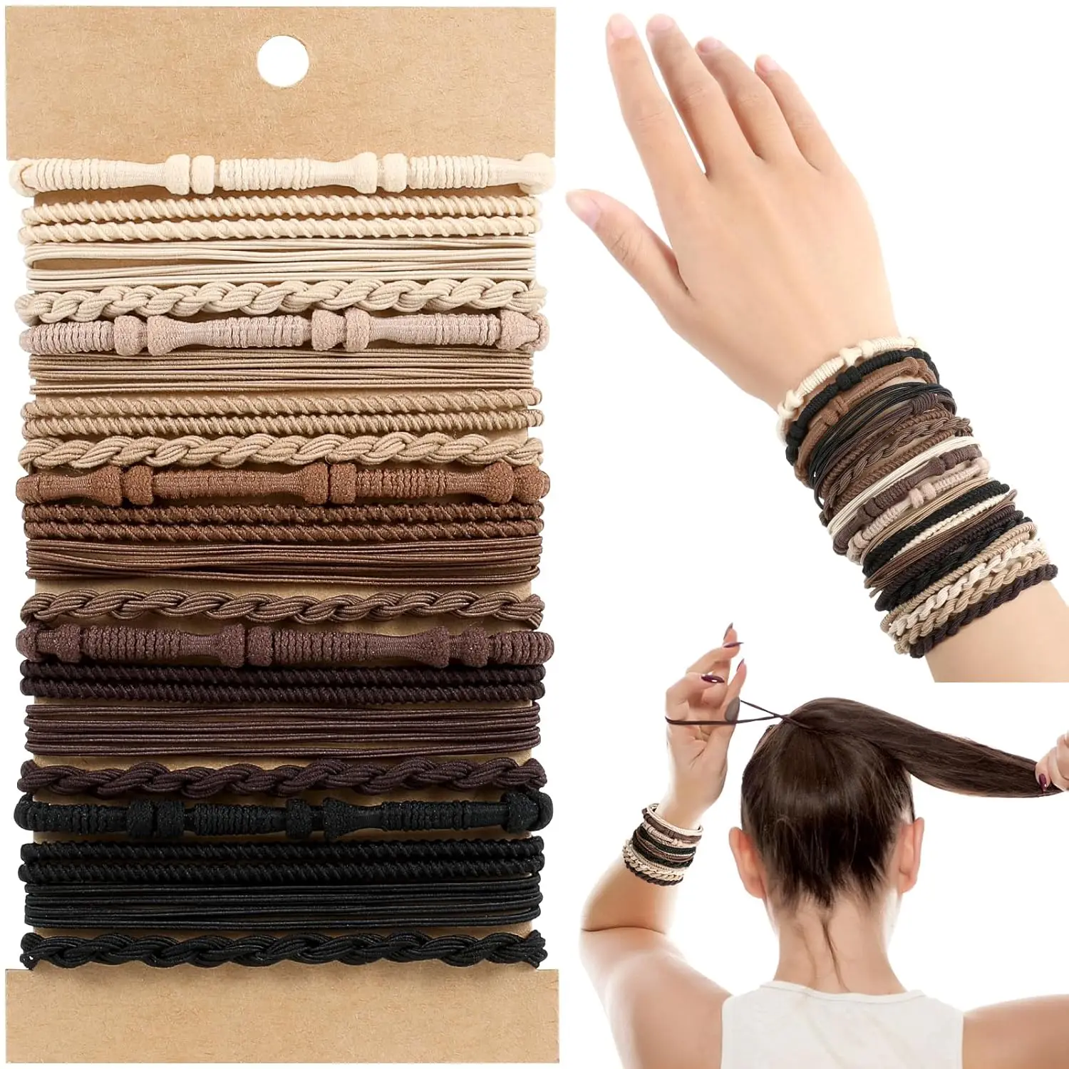 

20 PCS Boho Hair Ties, 4 Styles Cute Bands for Thick or Thin Hair, No Damage Elastic Bracelets, Brown Hair Accessories for Women
