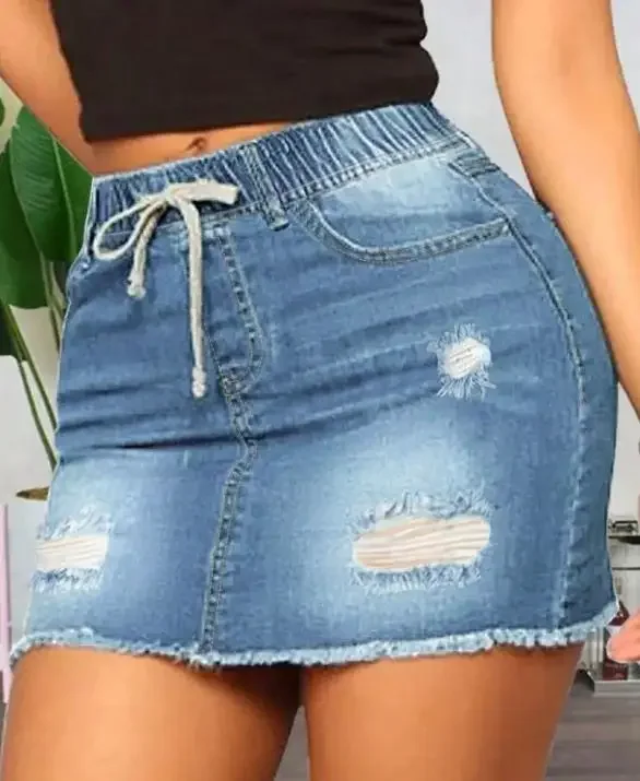 

Elastic Rope Slim Ripped Hole Washed Women's Denim Short Skirt Female Daily Clothing Summer New Fashion Women Casual Mini Skirts