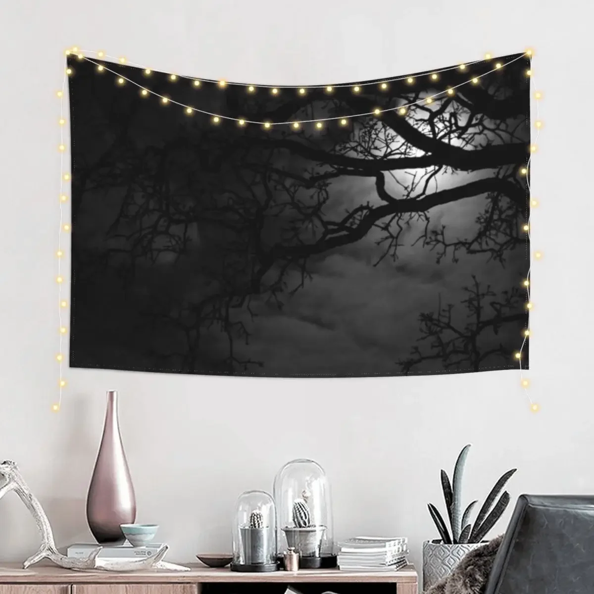 D Lawson Photography - The Moon and Oak Trees Tapestry Outdoor Decor Decoration Bedroom Aesthetic Room Decor Tapestry