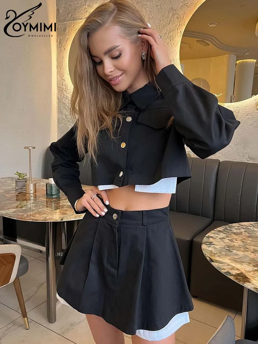 Oymimi Fashion Balck Patchwork Womens 2 Piece Outfit Set Elegant Long Sleeve Pockets Button Crop Shirt + Pleated Mini Skirts Set