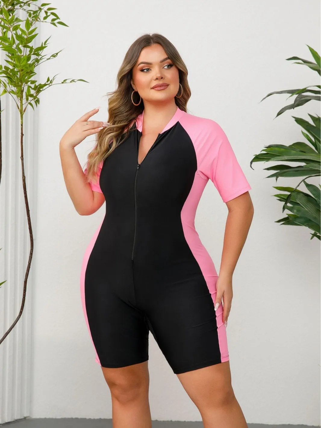 

New Sexy One Piece Swimsuit Women Zipper Plus Size Swimwear Female Monokini Short Sleeve Surfing Bathing Suit 4XL