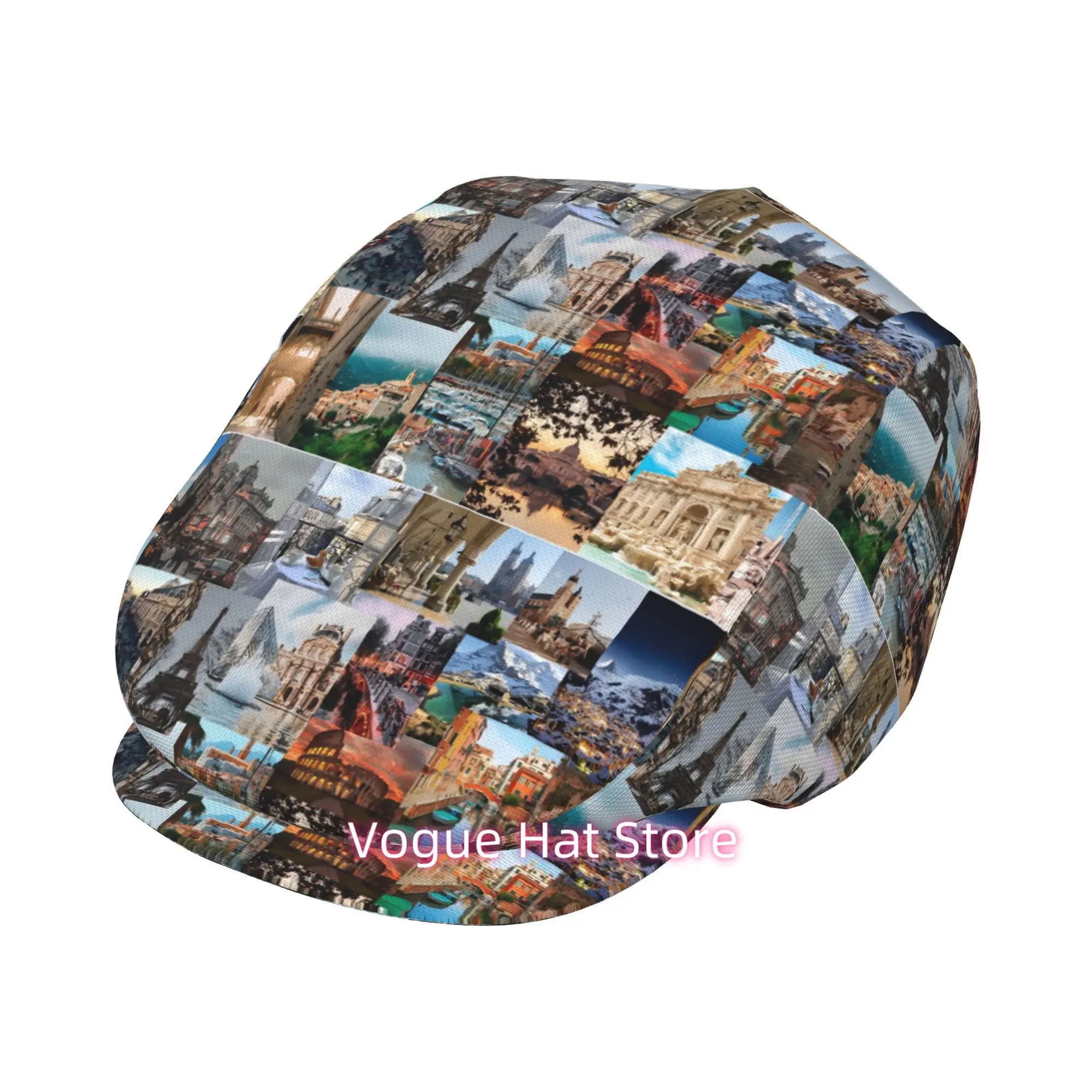 1pc Collection of world attractions All-over printed beret,  newsboy cap, unisex, a must-have fashion accessory for outdoor leis