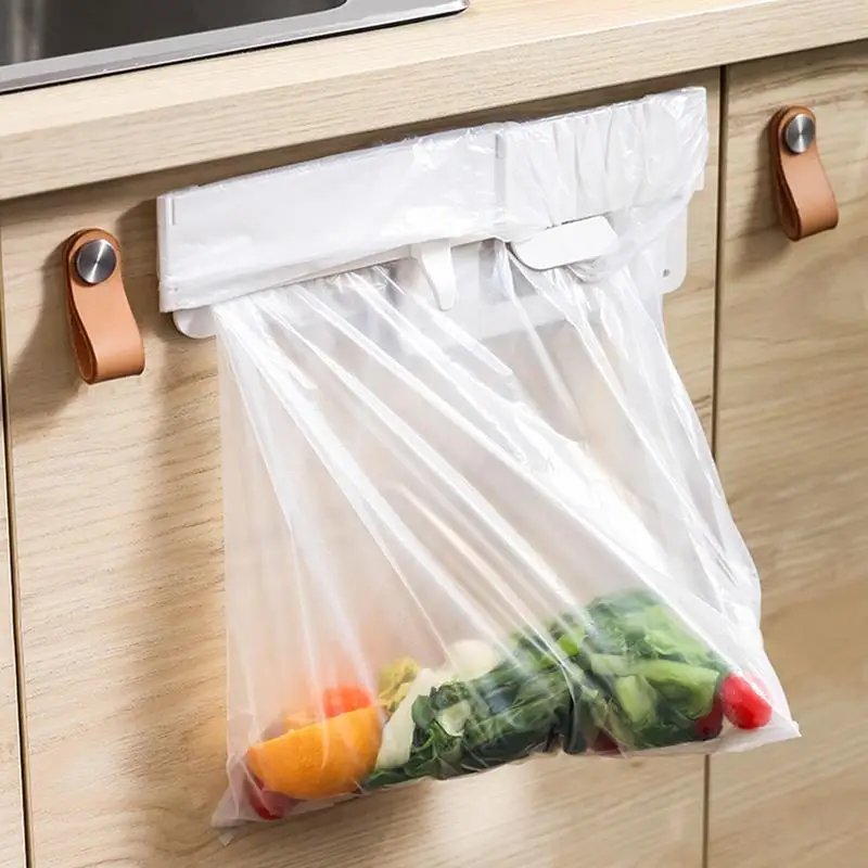 1pc Foldable Trash Bag Holder Over Cabinet Door Garbage Bag Organizer Rack Kitchen Plastic Trash Bag Holder Hanger Shelf