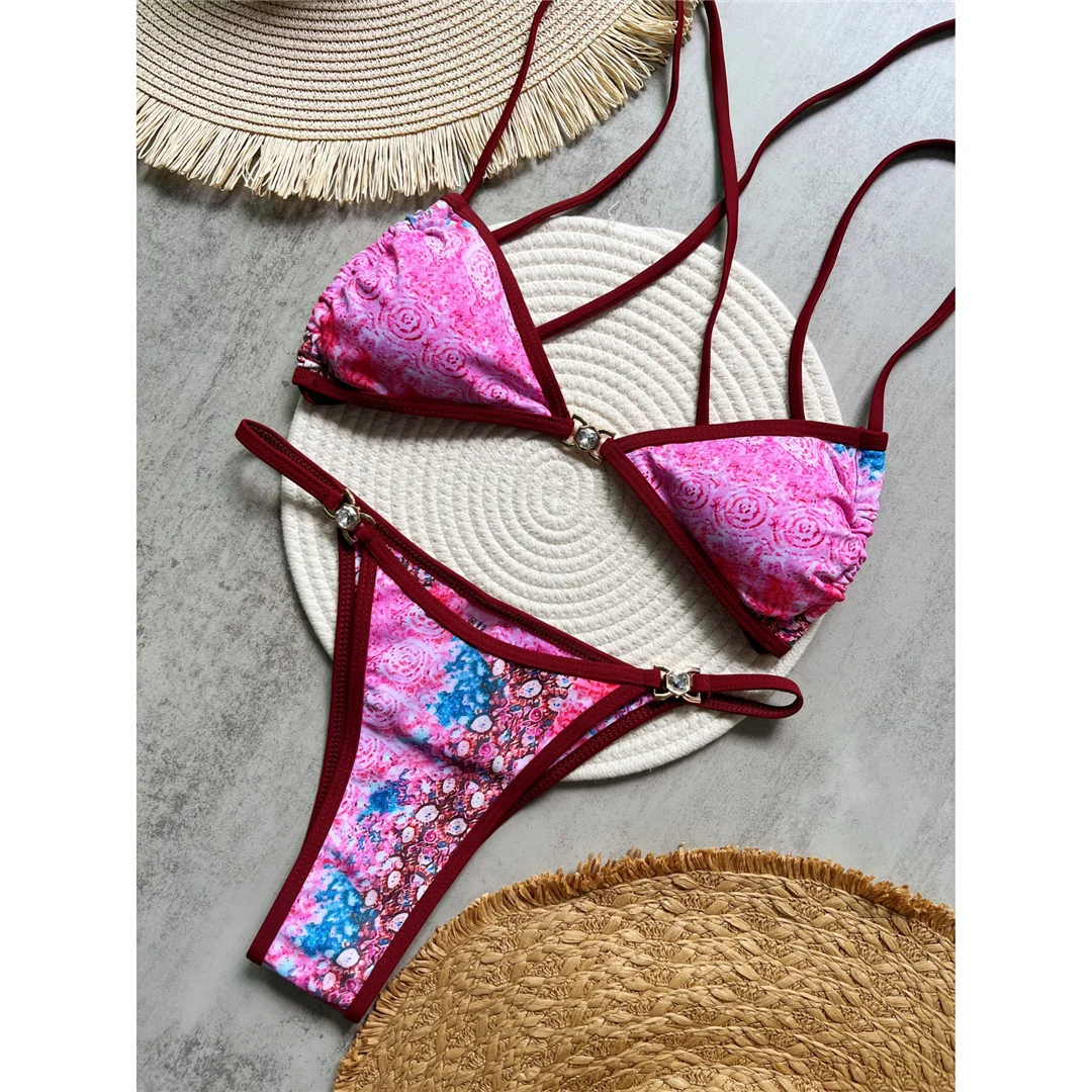 Bedruckter, mit Strasssteinen besetzter, hoch geschnittener Bikini, Damen-Badebekleidung, zweiteiliger Bikini, Badeanzug, Badebekleidung, Modell V6153. – Detail 11