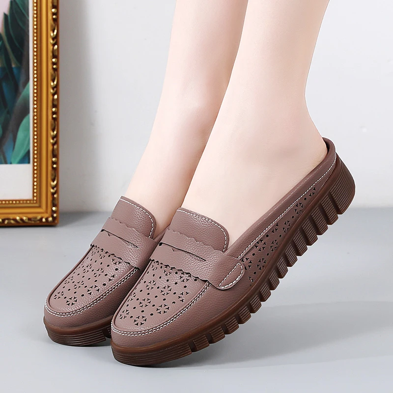 Genuine Leather Women Flats Hollow Slip On Leather Loafers Ladies Shoes Korean Style Soft Moccasins Half Slippers Big Size 42 43