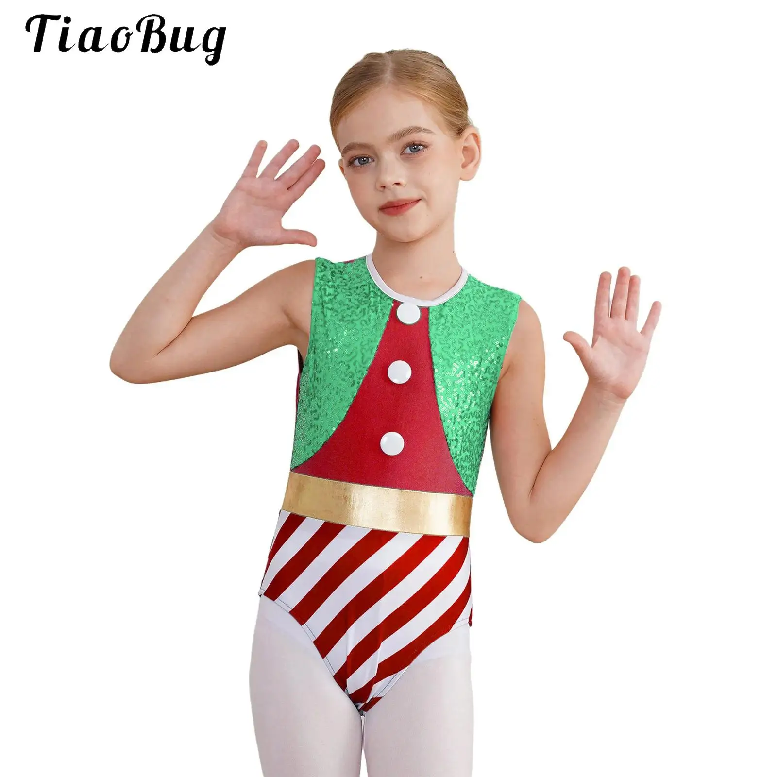 

Girls Christmas Ballet Dance Gymnastics Leotard Candy Cane Striped Sequin Figure Skating Unitard Sleeveless Bodysuit Dancewear