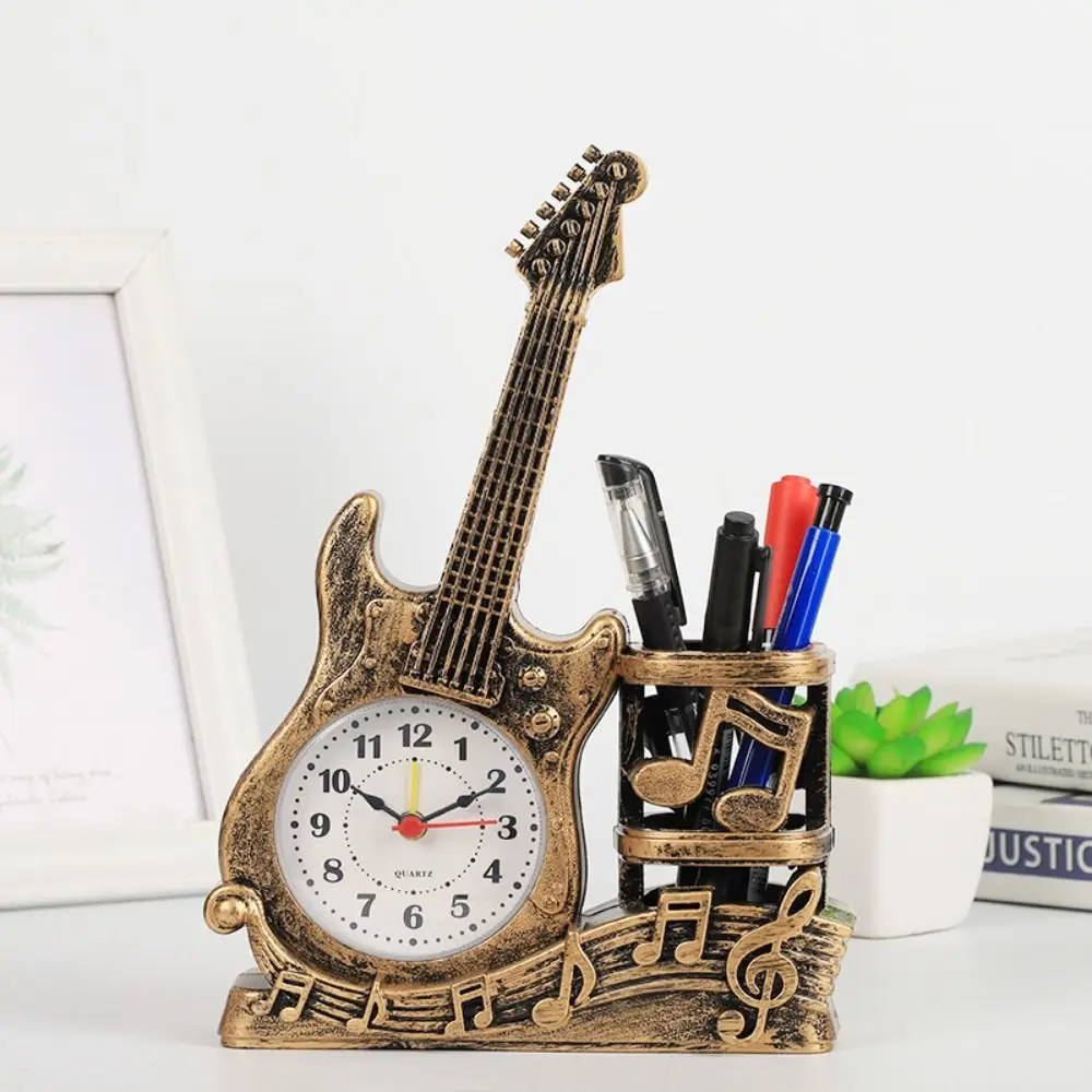 Battery Powered Guitar Alarm Clock Creative Design Chic Creative Pen Holder Clock Stylish Violin Built-in Pen Organizer