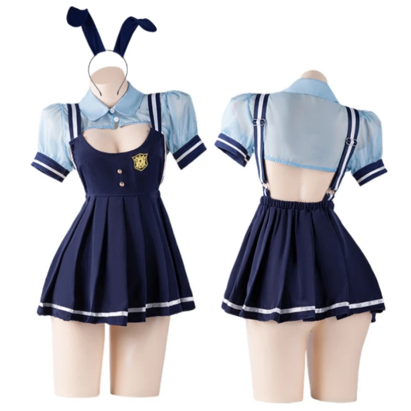 Sexy JK Pleated Suspenders Bunny Police Officer Uniform Set Cosplay Costume Hollow Nightwear Rabbit Police Role Play Underwear