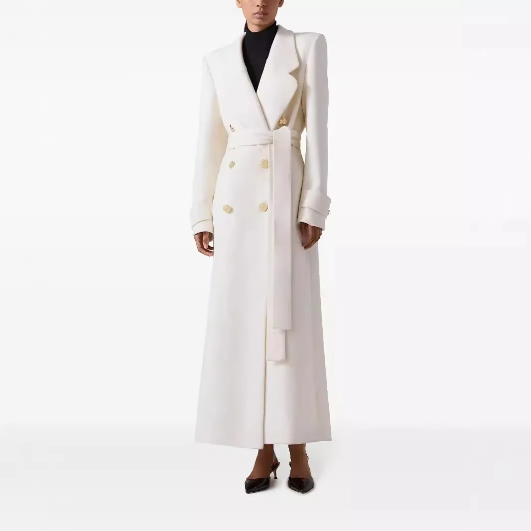 2026 Autumn/Winter New Elegant Double-Breasted Tie-Waist Slim Fit Extended White Women's Coat with Back Slit