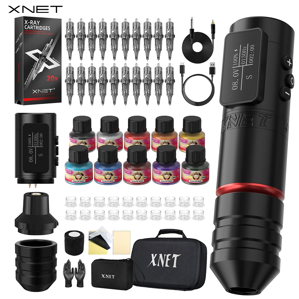 XNET Vane 2024 Wireless Tattoo Machine Pen Kit Brushless Motor Touch Screen Battery With 20 Cartridges 10 Inks For Tattoo Artist