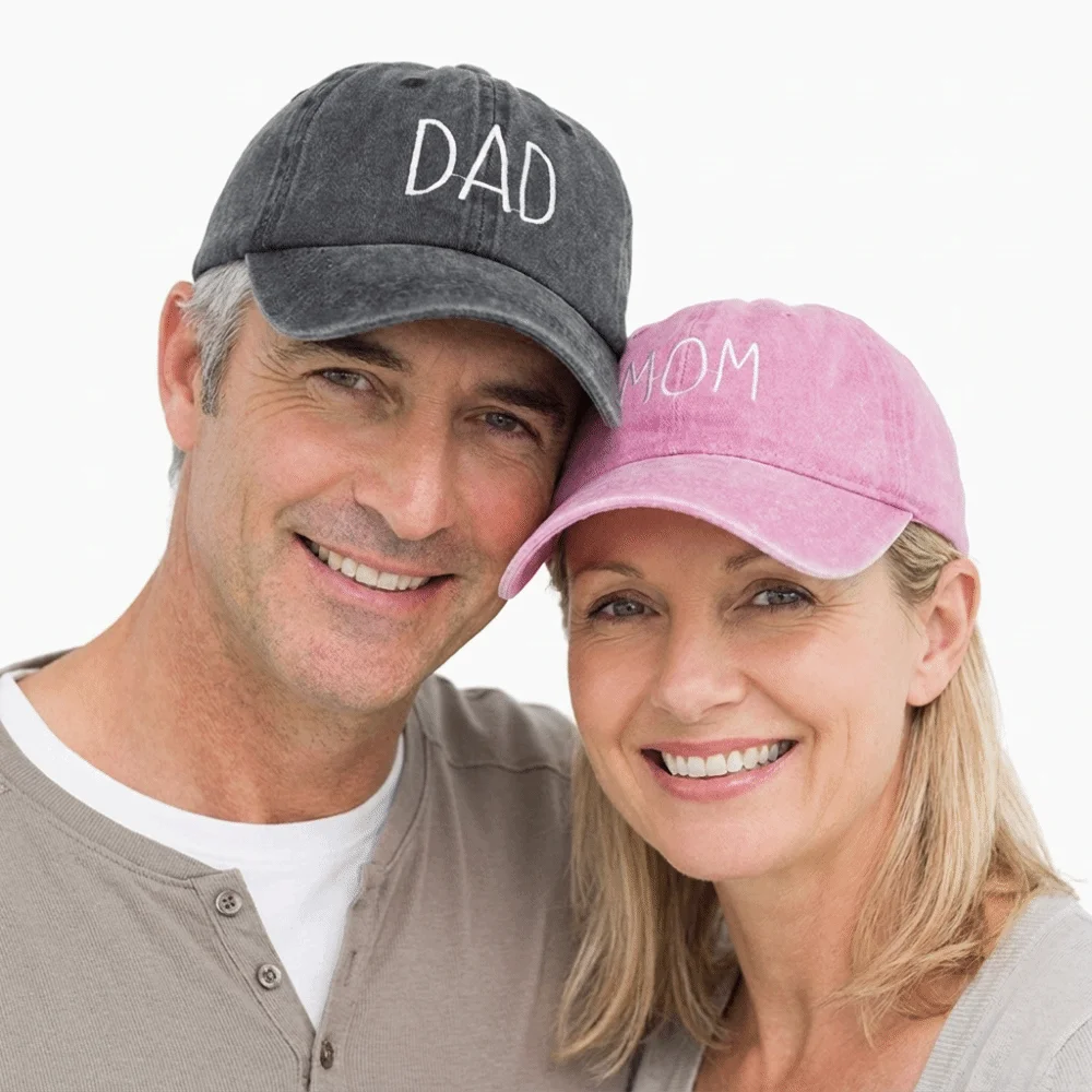 Embroidered MOM DAD Baseball Cap Washed Cotton Adjustable Parent Matching Baseball Cap Distressed Couple Cap For Man Women