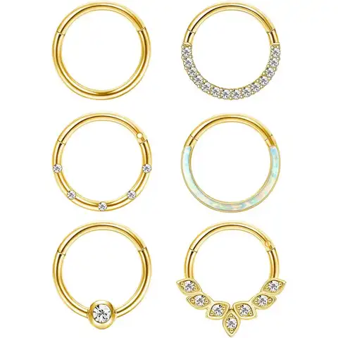 6Pcs 16G 18G Septum Rings Surgical Steel Nose Rings Hoop for Women Opal CZ Daith Cartilage Septum Lip Helix Piercing Jewelry