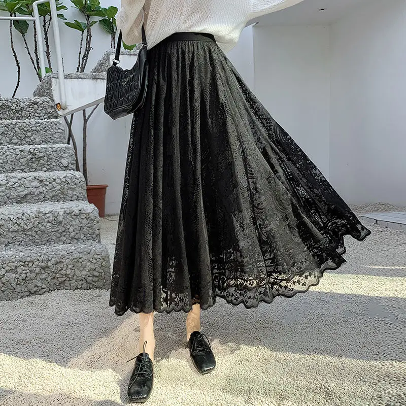 Hook Flower Hollow Out Lace Long Skirt for Women 2024 Spring Vintage Elegant High Street A Line High Waist Midi Skirt Female