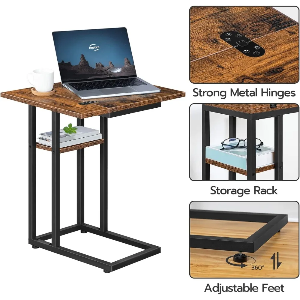 Foldable End Table, C Shaped Side Table with Storage Shelf, Small Snack Table Suitable for Living Room Bedroom Small Spaces