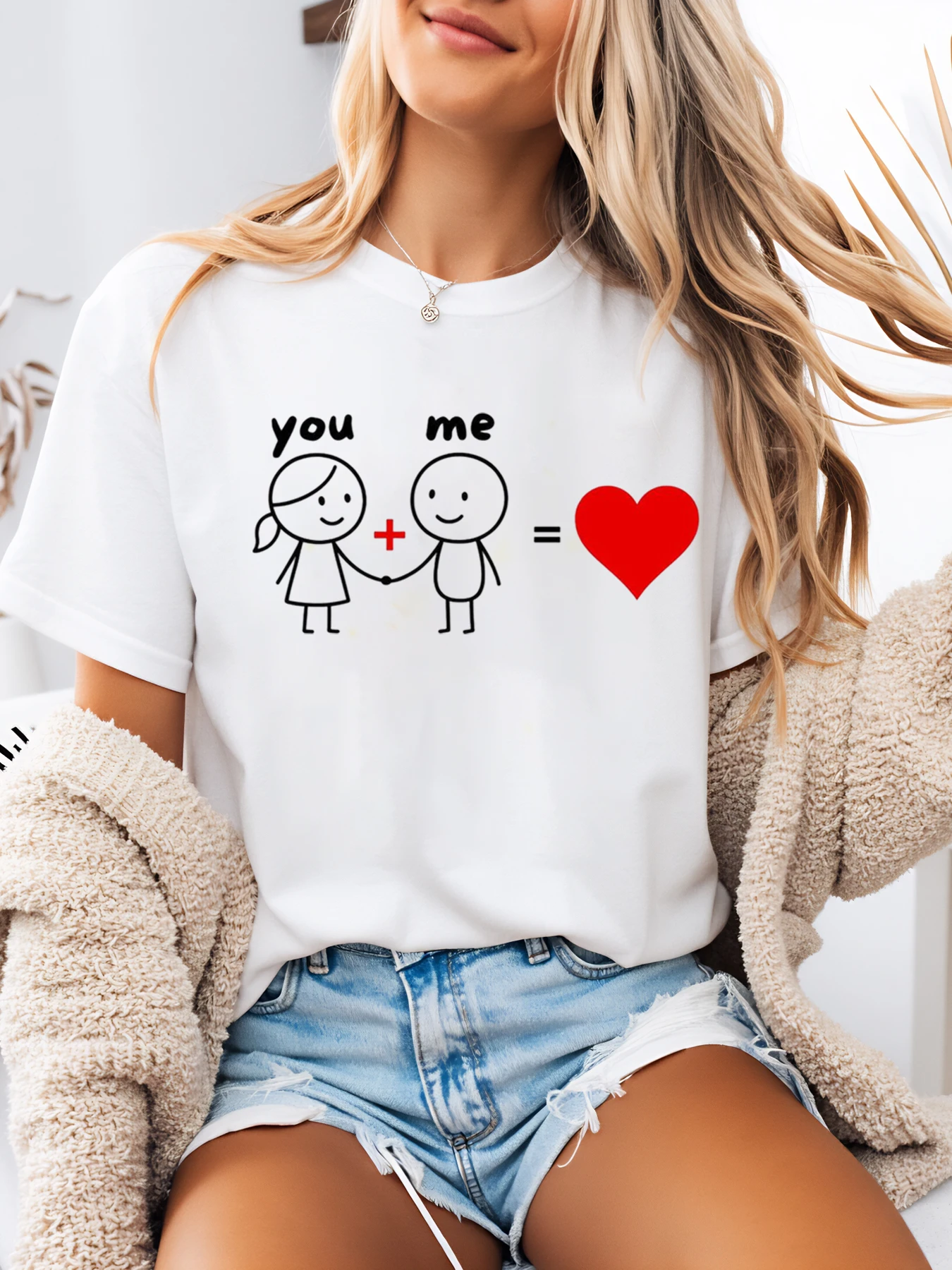 Você mais eu coração impressão dia dos namorados t camisa feminina casual casal amor data branco plus size