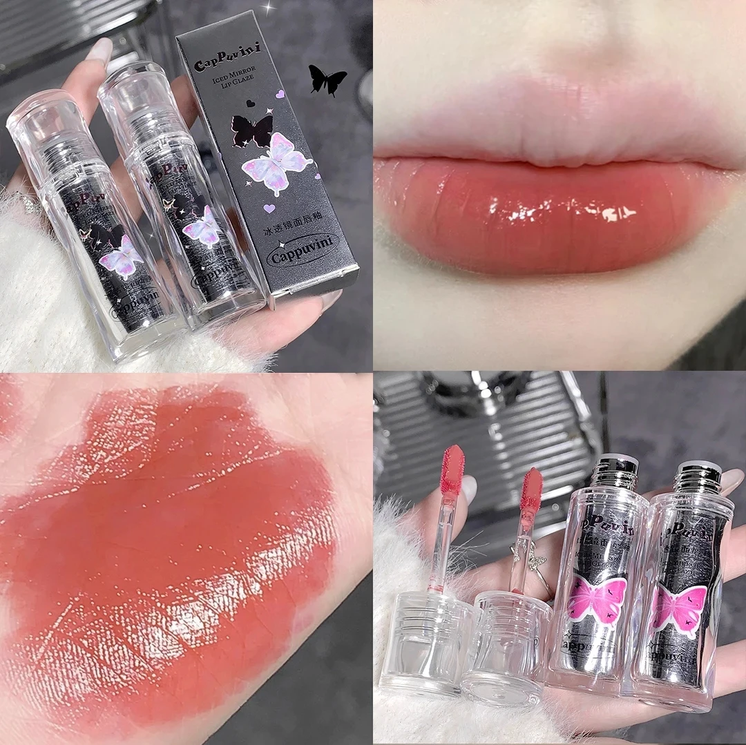 Gelado Espelho Lip Glaze, Alto Brilho, Hidratante, De Longa Duração, Sem Desbotamento, Batom Líquido Borboleta, Maquiagem Sexy Lábios Vermelhos, Cosméticos