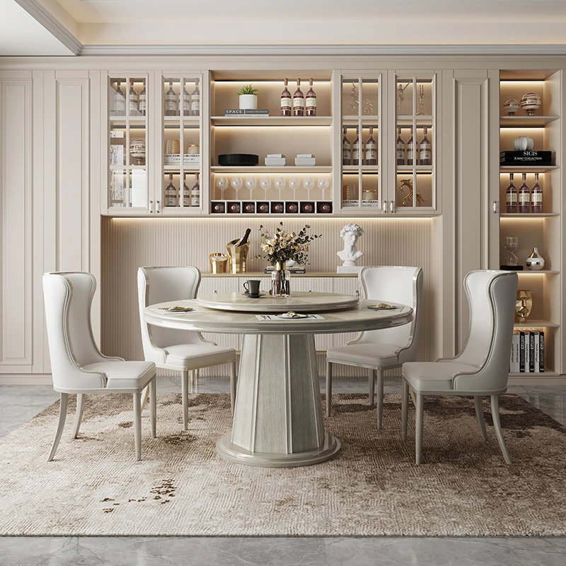 

American light luxury round solid wood with turntable dining table and chair combination modern simple French luxury champagne s