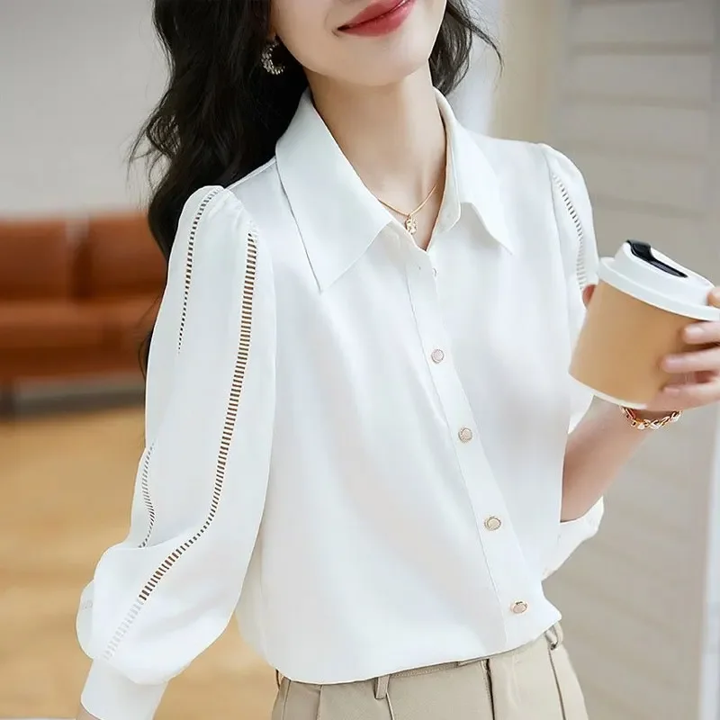 

Commute Solid Color Fashion Hollow Out Blouse Casual Single-breasted Female Clothing Polo-Neck Long Sleeve Basic Shirt B778