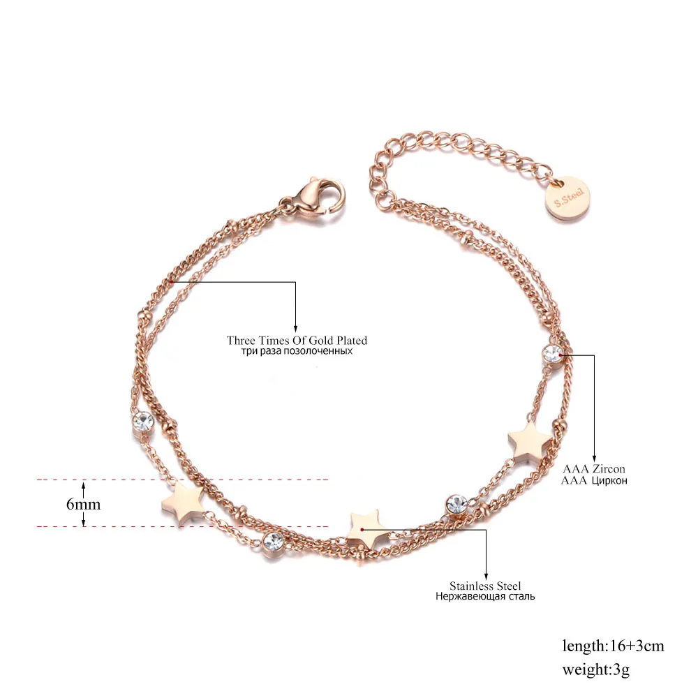 Lokaer doppio strato CZ Ctystal Star braccialetto di fascino braccialetto per le donne in acciaio inox boemia catena di collegamento bracciali