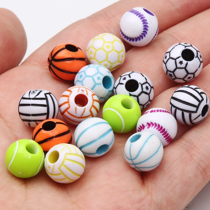 20pcs 12mm Mixed Sports Round Beads Basketball Football Tennis Acrylic Beads For Making Bracelet Necklace Diy Jewelry Accessory