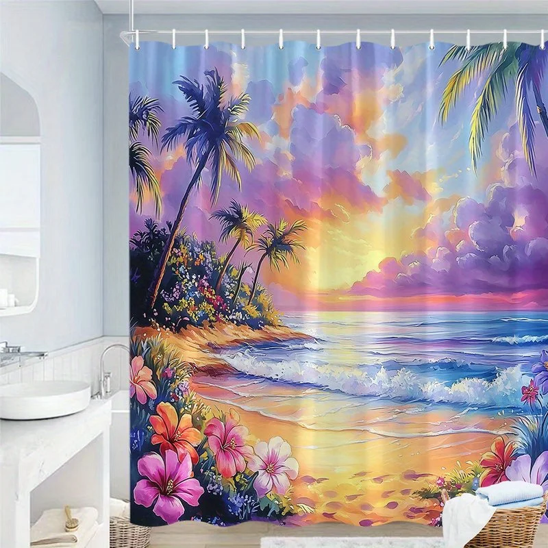 

Душевая штора «Тропический закат» с пейзажем пляжа, пальм и океана, художественный декор для ванной комнаты в летнем стиле