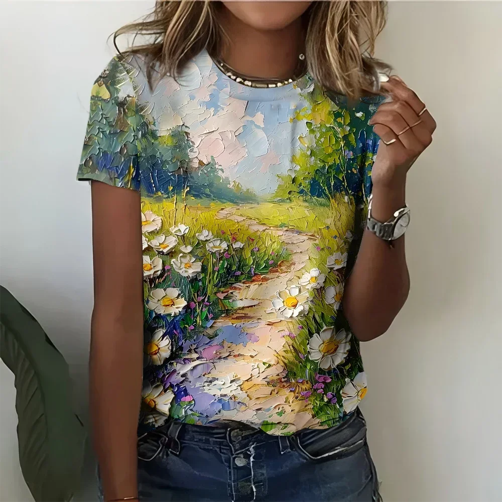 

Повседневная модная удобная летняя женская футболка с коротким рукавом и рисунком масляной живописи с принтом - художественный натуральный стиль