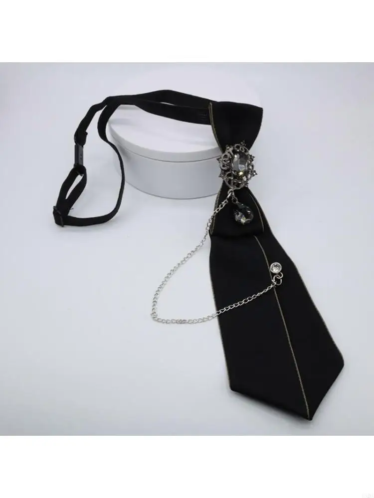 Gothic Black Necktie Rhinestones Pendant Metal Chain Evening Party Pre Tied Tie 6XDA