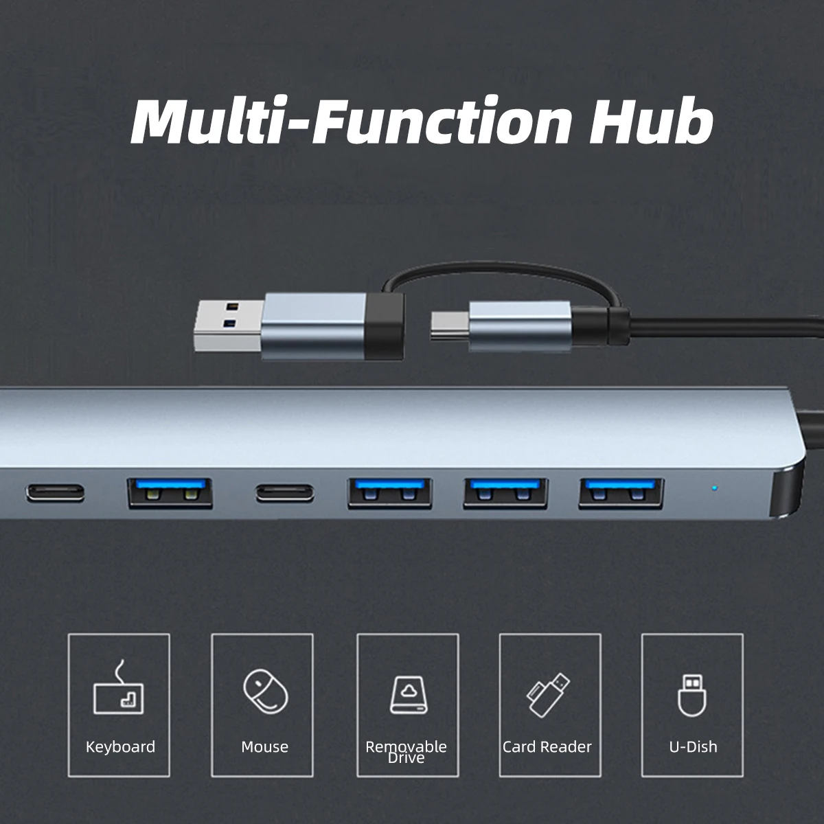 8 In 2 USB HUB With Splitter Card Reader USB C Port USB 3.0/2.0 SD/TF Splitter Card Reader Docking Station Adapter USB Expander