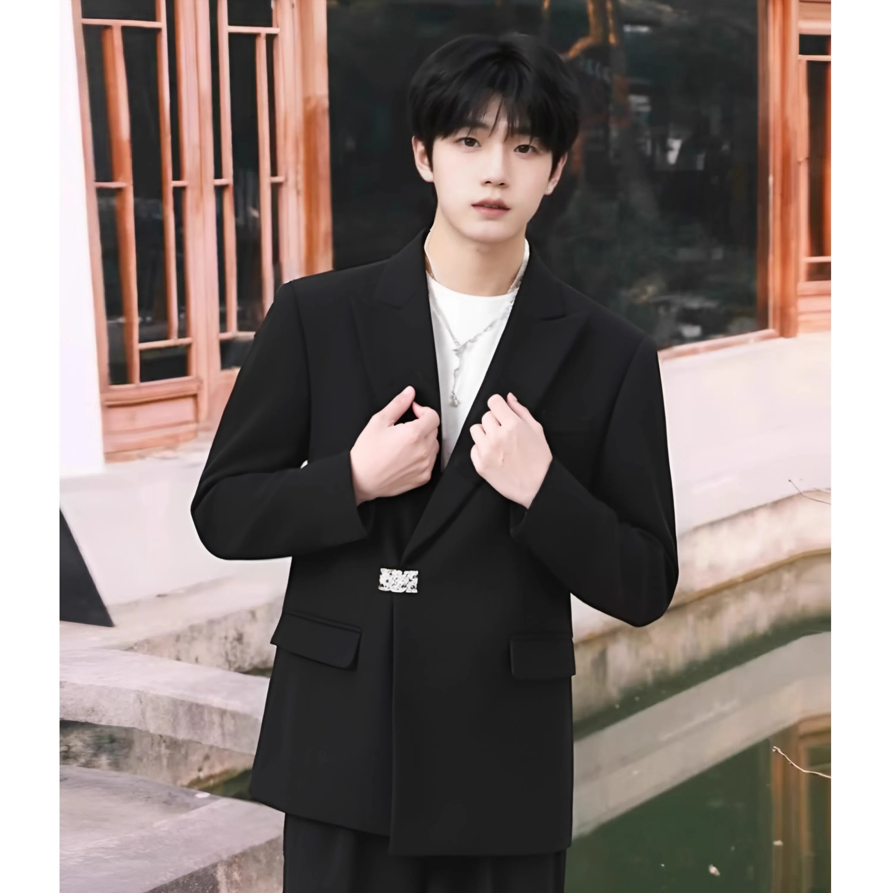 

New Chinese Sle Men's Wedding Suit Jaet with Metal Lo Cuffs Casual Western Clothes Spring Season Long Sve Regular Fit