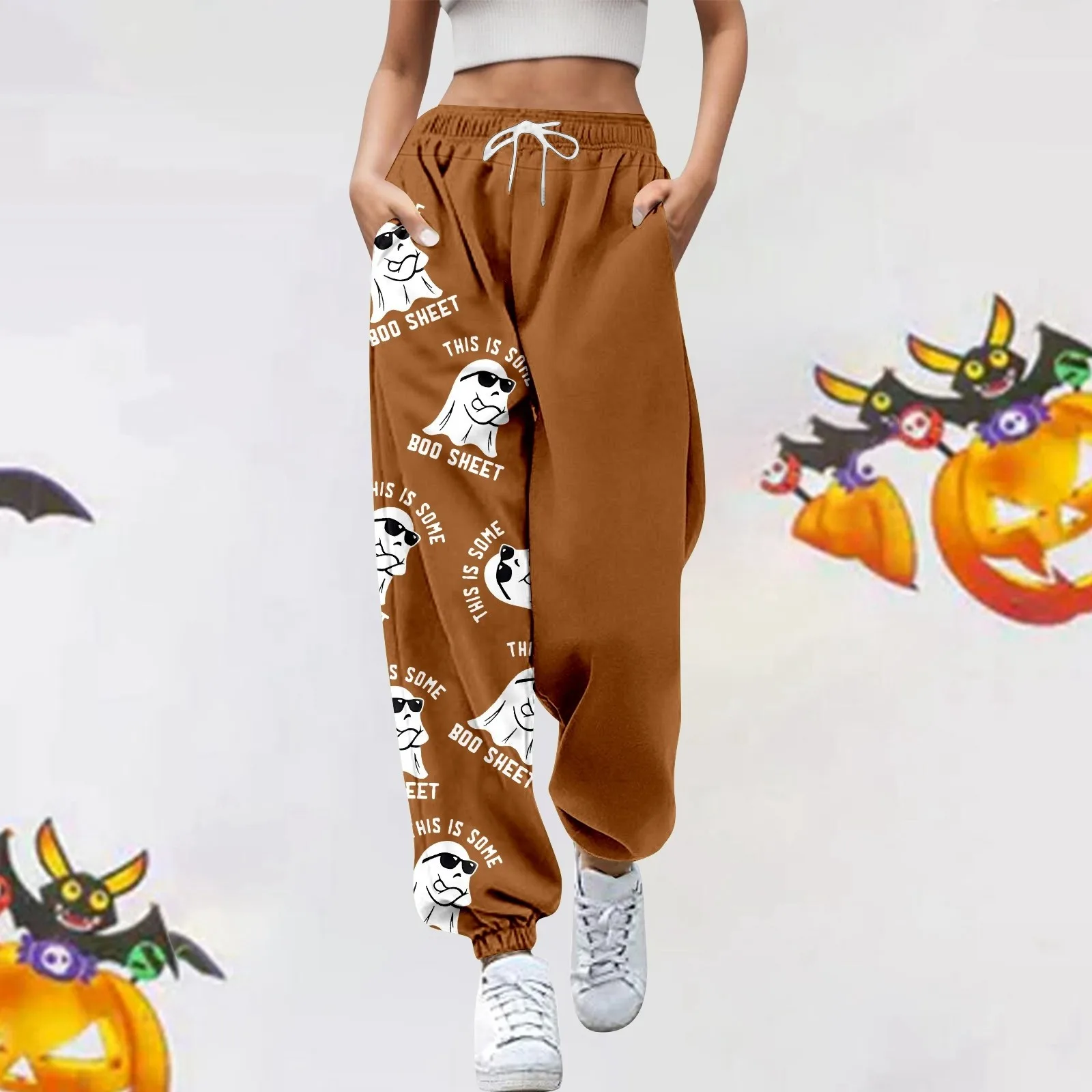 

Pumpkin Print Sweatpants Women Halloween Ghost Graphic Sport Casual Long Pants High Waist Drawstring Baggy Ankle-Banded Trousers