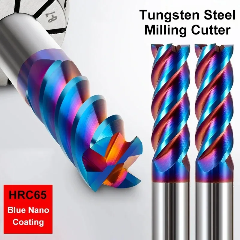 YIFINO HRC65/HRC68/HRC75 4-Flute Blue Nano Coating Flat End Mill Tungsten Steel Carbide CNC Machinery Milling Cutter Tools