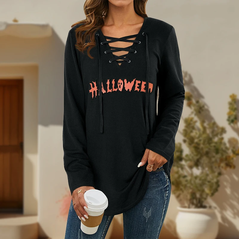 Halloween Alphabet Print Pattern V-Neck Cross Cross Tie Long Sleeve T-Shirt Shirt Women's Autumn and Winter Trend Pullover Tops