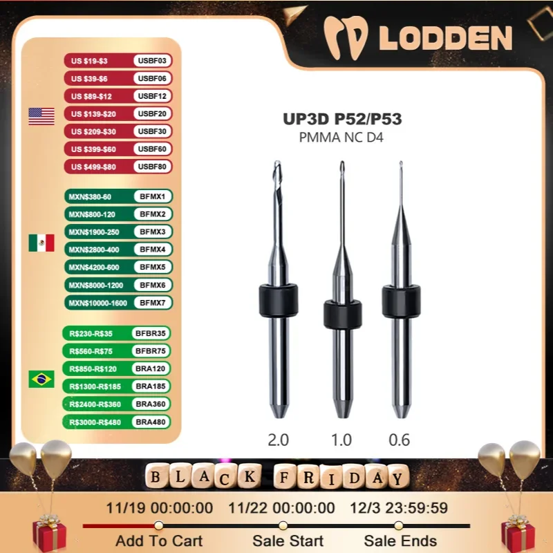 UP3D P52/P53 Dental Milling Burs for Grinding PMMA NC Coating D4 Drill Diameter 0.6/1.0/2.0mm Total 50mm Denture Griding Tools