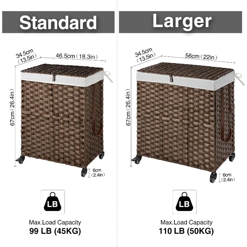 Laundry Hamper with Wheels, No Install Needed, 110L Divided Handwoven Hampers & 2 Removable Liner Bags, Rattan Clothes