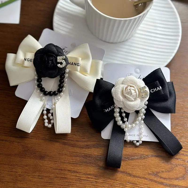 Fabric Camellia Flower Brooch Black Bowknot Necktie Camellia Flower Bow Tie Versatile Shirt Collar Pins Wedding Party For Women
