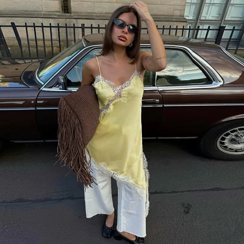 DSMTRC Summer Solid Sleeveless Asymmetry Dress Women's Sexy Lace Splicing Dresses Backless Slim Female Party Sling Mini Vestidos