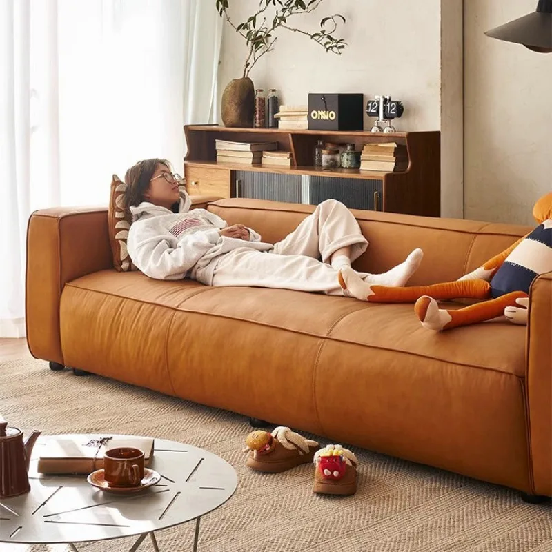 

Minimalist first-layer cowhide small apartment living room medieval tofu blocks retro oil wax leather sofa