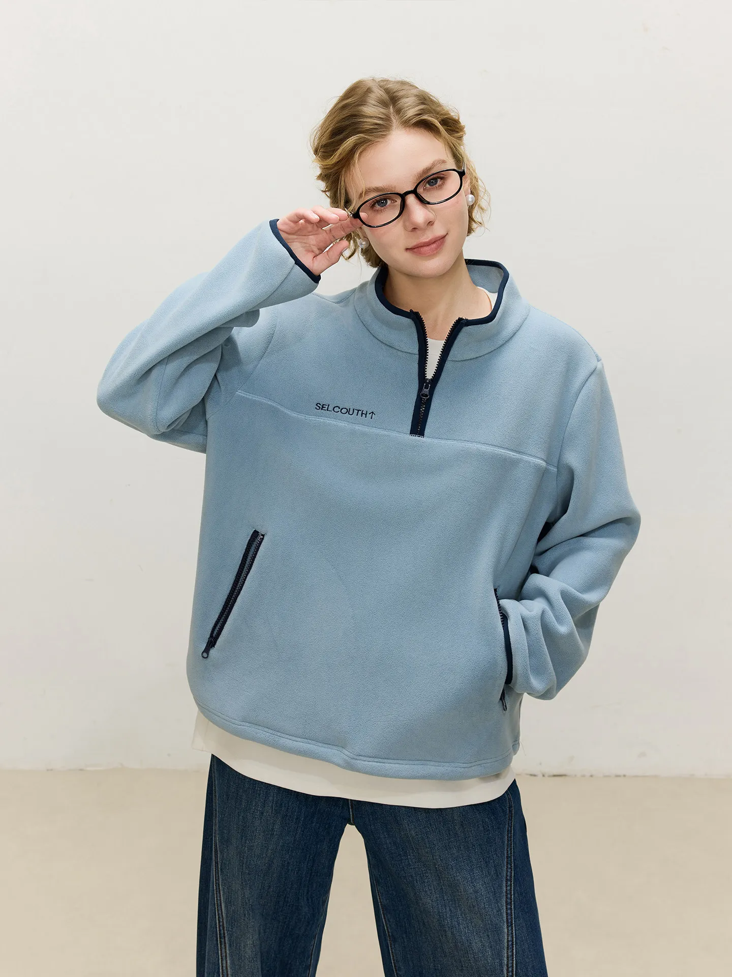 LIEDU Casual Minimalist Half Zip Stand Collar Fleece Hoodie Women Contrast Trim Loose Fit Warm Zipper Pocket Daily Wear Outfit